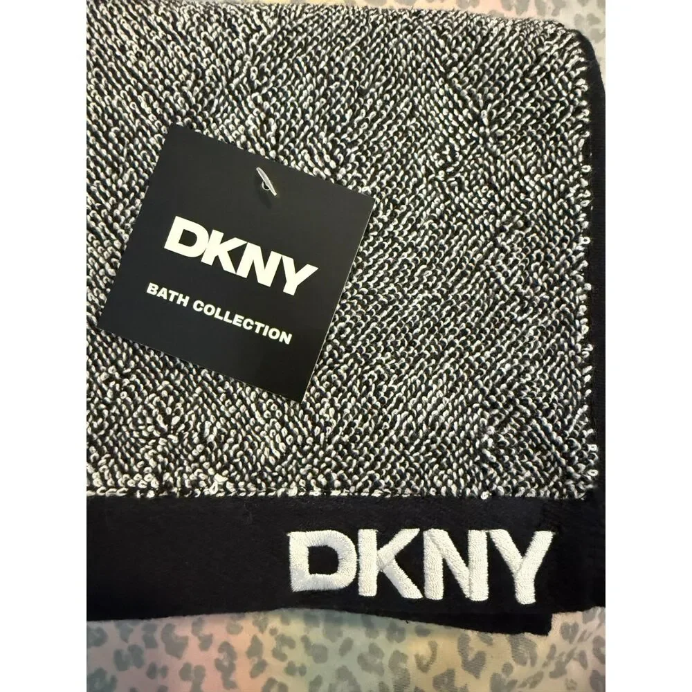 DKNY Bath Towel Black Gray Logo Trim Cotton Bath Collection 28x18.5 NWT